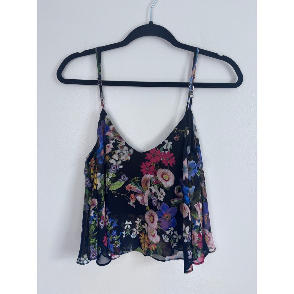 Show Me Your Mumu Floral Chiffon Cropped Tank Top Black L Boho Whimsy Made USA
